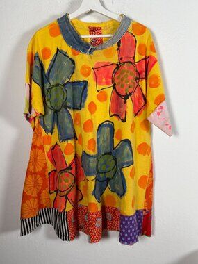 Mona Art To Wear T-Shirt Womens Yellow Floral Polka Dot Patchwork Lagenlook Boho